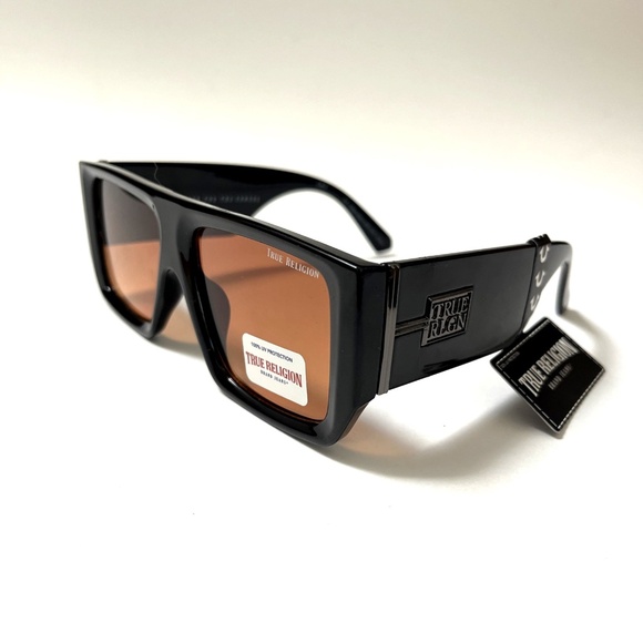 New Original TRUE RELIGION Square Sunglasses Black Acetate Wide Leg Orange Lens - Picture 1 of 6